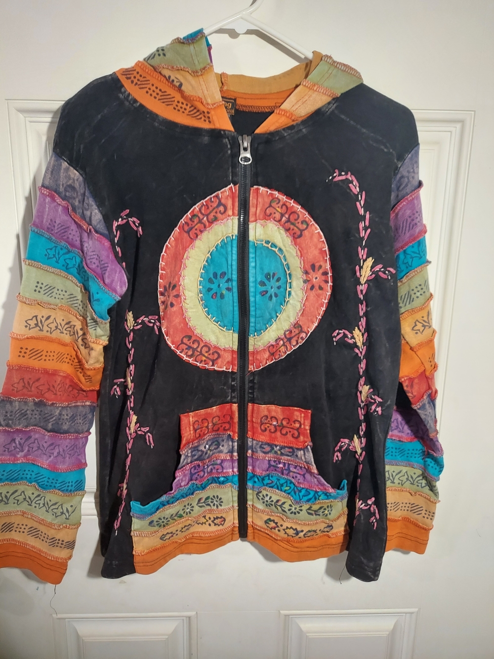 Rising International Patchwork Hoodie Black Cotton Hippie Boho Size L